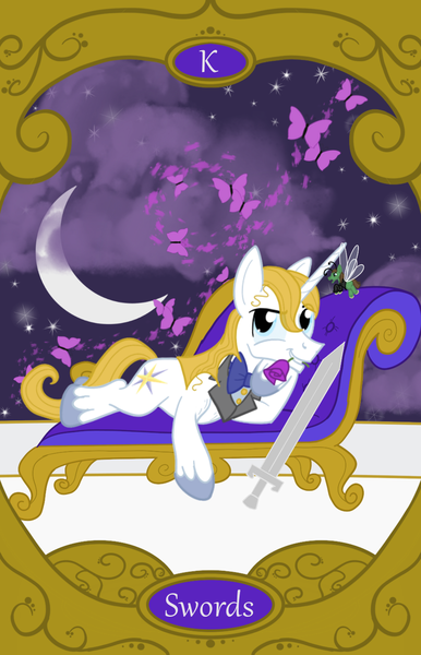 Size: 900x1400 | Tagged: safe, artist:sixes&sevens, derpibooru import, prince blueblood, breezie, butterfly, insect, breeziefied, crescent moon, fainting couch, flower, image, king of swords, moon, mouth hold, ninth doctor, png, rose, species swap, sword, tarot card, weapon