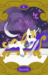 Size: 900x1400 | Tagged: safe, artist:sixes&sevens, derpibooru import, prince blueblood, breezie, butterfly, insect, breeziefied, crescent moon, fainting couch, flower, image, king of swords, moon, mouth hold, ninth doctor, png, rose, species swap, sword, tarot card, weapon