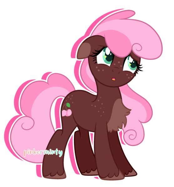 Size: 1024x1105 | Tagged: safe, artist:lazuli0209, artist:pinkerminty, derpibooru import, oc, oc:cherry twirl, unofficial characters only, earth pony, pony, base used, chest fluff, female, floppy ears, freckles, image, mare, offspring, outline, parent:big macintosh, parent:cheerilee, parents:cheerimac, png, simple background, solo, transparent background, unshorn fetlocks, watermark