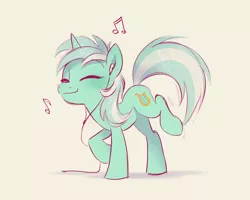 Size: 1500x1200 | Tagged: safe, artist:imalou, derpibooru import, lyra heartstrings, pony, unicorn, /mlp/, 4chan, dancing, drawthread, earbuds, eyes closed, female, headphones, horn, image, jpeg, mare, music, music notes, requested art, simple background, smiling, solo