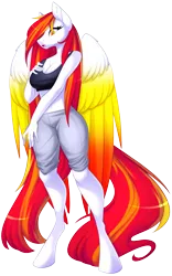 Size: 3025x4857 | Tagged: safe, artist:scarlet-spectrum, derpibooru import, oc, oc:diamond sun, anthro, pegasus, pony, unguligrade anthro, alternate design, alternate hairstyle, amazon, belly button, big breasts, breasts, cleavage, clothes, colored wings, commission, female, image, large wings, long hair, long mane, long tail, mare, midriff, multicolored wings, pants, png, simple background, solo, tanktop, transparent background, wings