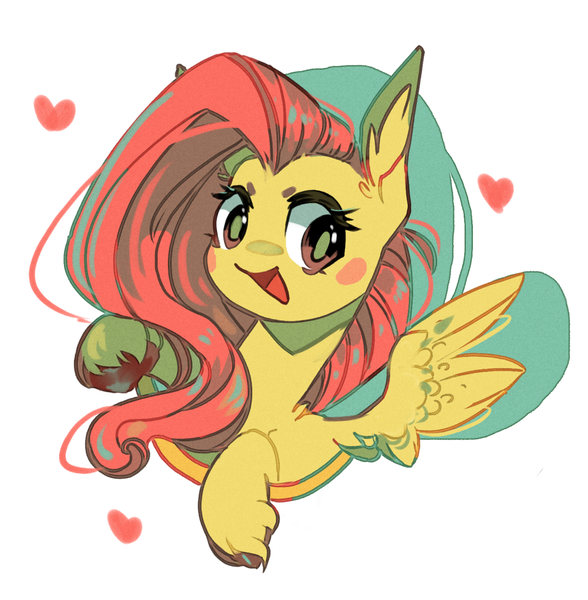 Size: 900x918 | Tagged: safe, artist:duckjifs246, derpibooru import, fluttershy, pegasus, pony, blush sticker, blushing, bust, colored hooves, ear fluff, female, heart, image, looking at you, mare, open mouth, png, portrait, simple background, smiling, solo, spread wings, three quarter view, unshorn fetlocks, white background, wings