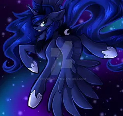 Size: 1280x1207 | Tagged: safe, artist:frivomutt, derpibooru import, princess luna, alicorn, pony, chest fluff, deviantart watermark, female, flying, image, jpeg, mare, night, obtrusive watermark, solo, spread wings, stars, watermark, wings