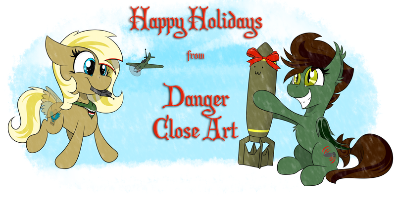 Size: 3100x1600 | Tagged: safe, artist:dangercloseart, derpibooru import, oc, oc:dive siren, oc:kitty hawk, unofficial characters only, bat pony, pegasus, pony, christmas, cute, duo, eeee, female, filly, holding, holiday, image, plane, png, present, rc, remote control, simple background, smiling, smol, white background