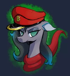 Size: 1023x1104 | Tagged: safe, artist:hitsuji, derpibooru import, oleander (tfh), unicorn, them's fightin' herds, alternate color palette, clothes, community related, hat, image, looking at you, peaked cap, png, scarf, simple background, solo