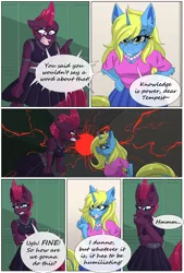 Size: 4450x6600 | Tagged: safe, artist:lilac blaze, derpibooru import, tempest shadow, oc, oc:sassy spirits, anthro, unguligrade anthro, unicorn, comic:livestream, angry, blushing, breasts, clothes, colored, comic, elbow fluff, fishnets, image, jewelry, leather, lockers, mohawk, necklace, pearl necklace, pleated skirt, png, skirt, smug