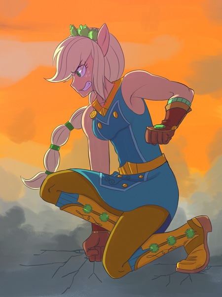 Size: 1620x2160 | Tagged: safe, artist:haibaratomoe, derpibooru import, applejack, equestria girls, equestria girls series, angry, armpits, boots, clothes, freckles, geode of super strength, gloves, hair accessory, image, jpeg, magical geodes, missing accessory, pants, ponied up, ponytail, shoes, sleeveless, solo