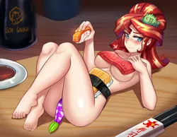 Size: 1024x793 | Tagged: suggestive, artist:tzc, derpibooru import, edit, spike, sunset shimmer, human, equestria girls, alcohol, anime, barefoot, big breasts, blushing, breasts, busty sunset shimmer, covering, feet, female, food, human coloration, image, implied vore, japanese food, legs, lidded eyes, looking at you, male, micro, miniature, nigiri, nyotaimori, partial nudity, png, rice, sake, sashimi, sexy, shipping, soy sauce, straight, strategically covered, stupid sexy sunset shimmer, sunset shimmer dressing up as food, sunset sushi, sunset sushi roll, sunsetspike, sushi, tamagoyaki, thighs, underboob