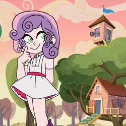 Size: 1000x1000 | Tagged: safe, artist:11_corpse_11, derpibooru import, sweetie belle, human, clothes, clubhouse, crusaders clubhouse, female, humanized, image, jpeg, outdoors, simple background, skirt, smiling, solo, tree, treehouse, white background