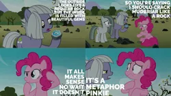 Size: 2000x1125 | Tagged: safe, derpibooru import, edit, edited screencap, editor:quoterific, screencap, limestone pie, marble pie, pinkie pie, earth pony, pony, the maud couple, caption, duo, female, floppy ears, gem, image, open mouth, png, rock, text, trio