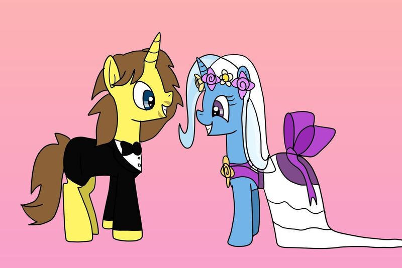 Size: 1280x854 | Tagged: safe, artist:platinumdrop, derpibooru import, trixie, oc, oc:grapefruit face, bowtie, canon x oc, clothes, dress, female, grapexie, image, jpeg, male, marriage, request, shipping, straight, tuxedo, wedding, wedding dress