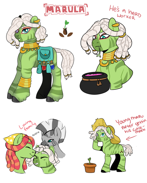 Size: 1200x1500 | Tagged: safe, artist:etchnsketches, derpibooru import, tree hugger, zecora, oc, oc:marula, earth pony, hybrid, pony, zony, cauldron, dreadlocks, female, hat, image, interspecies offspring, lesbian, magical lesbian spawn, male, mother and child, mother and son, offspring, parent:tree hugger, parent:zecora, parents:treecora, plant, png, shipping, simple background, straw hat, treecora, white background