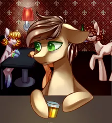 Size: 1914x2085 | Tagged: safe, artist:helemaranth, derpibooru import, oc, oc:rusty star, unofficial characters only, earth pony, pony, alcohol, bar, beer, bust, colored hooves, cup, earth pony oc, hoof hold, image, indoors, lonely, png, raised hoof, sitting