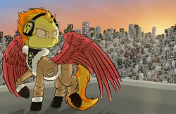 Size: 3840x2500 | Tagged: safe, artist:shinycyan, derpibooru import, spitfire, pegasus, pony, city, cityscape, clothes, crossover, glasses, hawks, headphones, image, jpeg, keigo takami, large wings, my hero academia, solo, sunset, wings