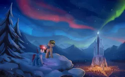 Size: 2840x1745 | Tagged: safe, artist:emeraldgalaxy, derpibooru import, oc, oc:languorld, oc:red diamond, unofficial characters only, earth pony, pony, unicorn, aurora borealis, commission, crystal empire, duo, glowing horn, hill, horn, image, male, mountain, open mouth, pine tree, png, raised hoof, scenery, scenery porn, snow, stallion, tree