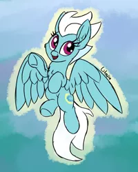 Size: 1200x1500 | Tagged: safe, artist:litrojia, derpibooru import, fleetfoot, pegasus, pony, abstract background, cute, diafleetes, female, image, looking at you, mare, open mouth, png, sketchy, smiling, smiling at you, solo, spread wings, underhoof, wings