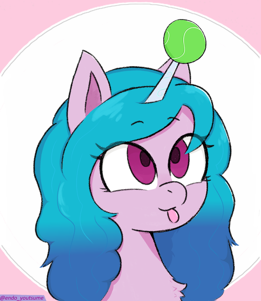 Size: 3500x4039 | Tagged: safe, artist:endo, derpibooru import, izzy moonbow, pony, unicorn, bust, chest fluff, female, g5, high res, horn, horn guard, horn impalement, hornball, image, izzy's tennis ball, mare, png, portrait, simple background, solo, tennis ball, tongue out