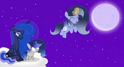 Size: 1280x691 | Tagged: safe, artist:stellamoonshine, derpibooru import, princess luna, oc, oc:luminous moon, oc:stella moonshine, pony, 5-year-old, cloud, cutiespark, female, filly, image, jpeg, magic, moon, night, offspring, parent:princess luna, parent:stygian, parents:styuna