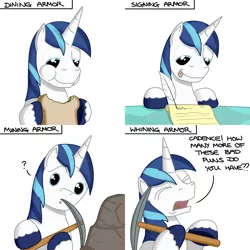 Size: 1680x1680 | Tagged: safe, artist:hoofclid, derpibooru import, shining armor, pony, unicorn, comic, crying, crying armor, dialogue, eating, exploitable meme, eyes closed, food, image, implied princess cadance, letter, looking at you, male, meme, offscreen character, open mouth, pickaxe, png, pun, puns in the comments, question mark, quill, rock, sad, sad armor, sandwich, simple background, solo, stallion, tongue out, whining, whining armor, white background, writing