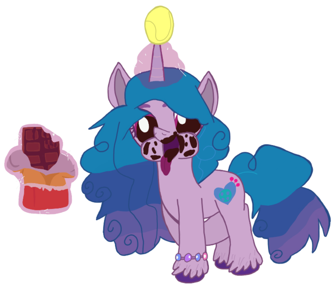 Size: 790x688 | Tagged: artist needed, source needed, safe, derpibooru import, izzy moonbow, pony, unicorn, ball, chocolate, cutie mark, food, g5, horn, horn guard, hornball, image, izzy's tennis ball, magic glow, png, solo, tennis ball, tongue out