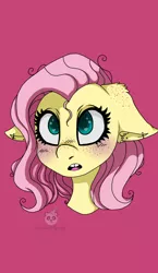 Size: 698x1200 | Tagged: safe, artist:pandacakeparty, derpibooru import, fluttershy, pony, blushing, bust, ear fluff, ear freckles, ear piercing, female, floppy ears, freckles, gap teeth, heart eyes, image, looking at you, mare, open mouth, piercing, pink background, png, portrait, simple background, solo, stray strand, three quarter view, wingding eyes