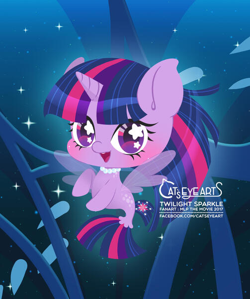 Size: 1563x1866 | Tagged: safe, artist:catseyeart, derpibooru import, twilight sparkle, twilight sparkle (alicorn), alicorn, pony, seapony (g4), 2017, blushing, bubble, chibi, dorsal fin, female, fin wings, fish tail, flowing mane, flowing tail, horn, image, jewelry, jpeg, logo, looking at you, necklace, ocean, open mouth, purple eyes, seaponified, seapony twilight, smiling, solo, sparkles, species swap, starry eyes, tail, underwater, water, wingding eyes, wings