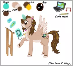 Size: 649x589 | Tagged: safe, artist:twin-fan, derpibooru import, oc, unofficial characters only, alicorn, pony, alicorn oc, computer, ear piercing, earbuds, female, freckles, glowing horn, grin, horn, image, laptop computer, magic, mare, music player, piercing, png, raised hoof, reference sheet, simple background, smiling, solo, telekinesis, unshorn fetlocks, white background, wings
