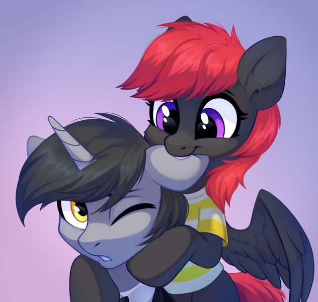 Size: 2276x2160 | Tagged: safe, artist:taneysha, derpibooru import, oc, unofficial characters only, pegasus, pony, unicorn, biting, duo, ear bite, image, jpeg