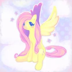 Size: 1300x1300 | Tagged: safe, artist:pxunii, derpibooru import, fluttershy, butterfly, insect, pegasus, pony, blushing, cloud, cute, female, image, looking at you, mare, on a cloud, png, shyabetes, sitting, solo, spread wings, wings