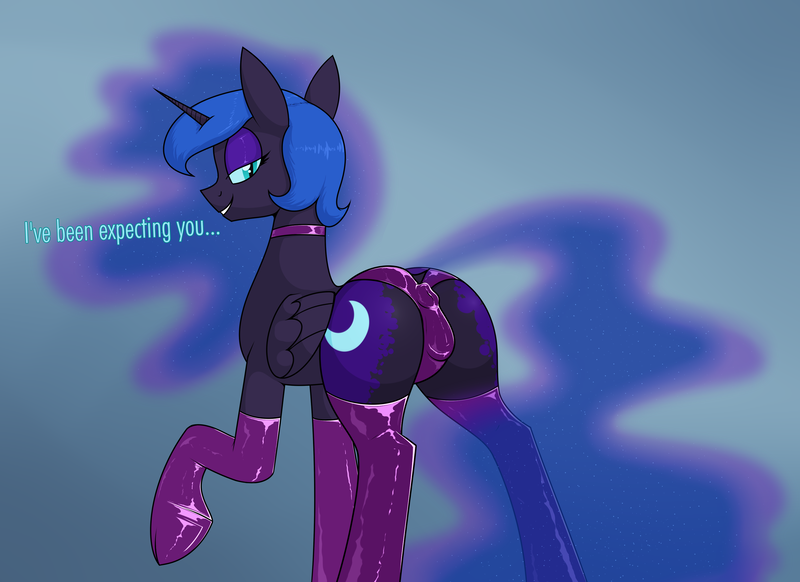 Size: 3077x2237 | Tagged: questionable, artist:moonatik, derpibooru import, nightmare moon, alicorn, pony, anus cameltoe, butt, cameltoe, choker, clothes, ethereal mane, eyeshadow, female, image, inviting, latex, latex collar, latex panties, latex socks, latex stockings, lidded eyes, looking at you, looking back, looking back at you, makeup, mare, missing accessory, plot, png, sexy, smiling, smiling at you, socks, solo, stupid sexy nightmare moon, thigh highs, wings