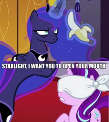 Size: 600x675 | Tagged: suggestive, derpibooru import, edit, edited screencap, screencap, princess luna, starlight glimmer, a royal problem, banana, blindfold, caption, female, food, image, image macro, png, text