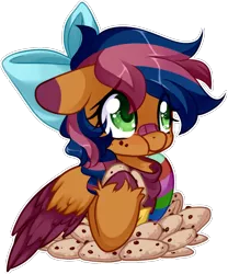 Size: 1025x1231 | Tagged: safe, artist:loyaldis, derpibooru import, oc, oc:solar comet, unofficial characters only, pegasus, pony, bandaid, bow, colored hooves, colored wings, cookie, eating, femboy, floppy ears, food, freckles, hair bow, image, male, multicolored hair, multicolored wings, png, simple background, sock, solo, transparent background, trap, wings