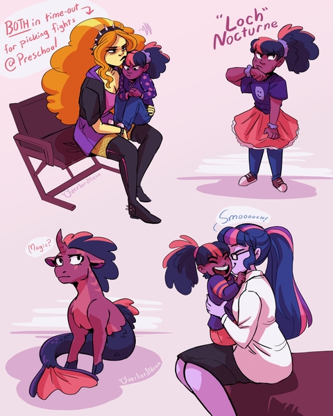 Size: 1920x2400 | Tagged: safe, artist:overlordneon, derpibooru import, adagio dazzle, sci-twi, twilight sparkle, oc, oc:loch nocturne, half-siren, hybrid, pony, siren, unicorn, equestria girls, adagilight, affection, boots, breasts, cleavage, clothes, converse, crying, curved horn, disguise, disguised siren, dress, female, fishnets, glasses, hairband, hoodie, horn, hybrid oc, image, jacket, jeans, jewelry, jpeg, kissing, knee-high boots, large voluminous hair, laughing, lesbian, magical lesbian spawn, messy mane, necklace, offspring, pants, parent:adagio dazzle, parent:sci-twi, parents:adagilight, ponytail, scidagio, shipping, shoes, siren oc, sneakers, spikes, thigh boots, time out
