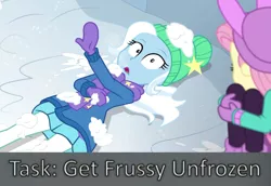 Size: 1920x1319 | Tagged: suggestive, derpibooru import, fluttershy, trixie, equestria girls, equestria girls series, holidays unwrapped, spoiler:eqg series (season 2), caption, clothes, coat, duo, frussy, hat, image, image macro, lying down, meme, png, saving pinkie's pie, snow, text, vinesauce, vinesauce joel