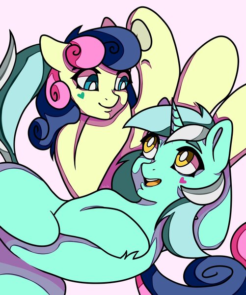 Size: 3418x4096 | Tagged: safe, artist:lukrxx, derpibooru import, bon bon, lyra heartstrings, sweetie drops, earth pony, pony, unicorn, chest fluff, cuddling, duo, female, heart, image, jpeg, smiling, underhoof