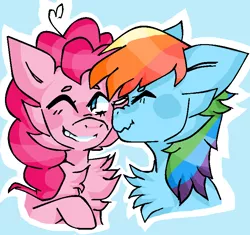 Size: 750x704 | Tagged: safe, artist:letmeoute, derpibooru import, pinkie pie, rainbow dash, earth pony, pegasus, pony, blue background, bust, cheek fluff, chest fluff, eyes closed, female, fluffy, image, lesbian, mare, nose wrinkle, nuzzling, one eye closed, pinkiedash, png, shipping, simple background, wavy mouth