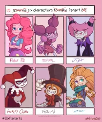 Size: 1005x1200 | Tagged: safe, artist:skittlebuggy, derpibooru import, pinkie pie, six fanarts, equestria girls, angry, clothes, crossed arms, crossover, dc comics, female, harley quinn, hat, heterochromia, image, jinx (teen titans), peacock (skullgirls), png, skirt, skullgirls, smiling, smirk, spinel (steven universe), steven universe, top hat