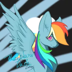 Size: 1063x1063 | Tagged: source needed, safe, artist:eric0999, derpibooru import, rainbow dash, pegasus, pony, bust, cutie mark background, ear fluff, female, image, looking at you, mare, name, png, portrait, profile, smiling, solo, spread wings, wings
