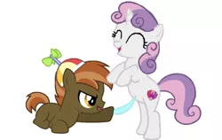 Size: 600x380 | Tagged: safe, artist:princessdestiny200i, derpibooru import, button mash, sweetie belle, earth pony, pony, unicorn, blank flank, colt, feather, female, filly, hat, hoof hold, horn, image, jpeg, laughing, male, open mouth, propeller hat, raised hoof, revenge, shipping, simple background, smiling, straight, sweetiemash, tickle torture, tickling, white background