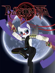 Size: 900x1204 | Tagged: dead source, safe, artist:anglophobia, derpibooru import, rarity, pony, bayonetta, bayonetta (character), bipedal, blaster, clothes, cosplay, costume, glasses, gun, image, moon, platinum games, png, weapon