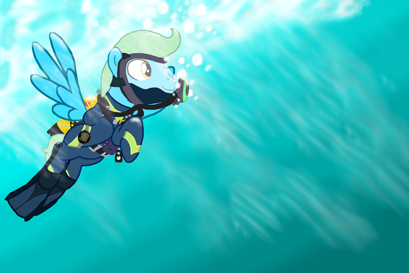 Size: 5500x3669 | Tagged: safe, artist:akififi, derpibooru import, oc, oc:sea glow, pegasus, pony, air tank, bubble, diving, flippers, full face mask, image, ocean, png, rebreather, scuba, scuba diving, scuba gear, solo, swimming, underwater, water, weight belt, wetsuit