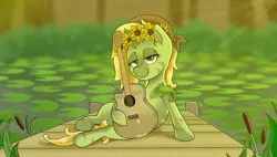 Size: 1916x1085 | Tagged: safe, artist:waffletheheadmare, derpibooru import, oc, oc:sunflower, unofficial characters only, chameleon, earth pony, bedroom eyes, blonde, blonde hair, blonde mane, bridge, flower, forest, green coat, guitar, image, lake, musical instrument, nature, not fluttershy, not treehugger, plants, png, stripes, sunflower, tree, water, water lily