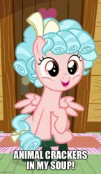 Size: 500x864 | Tagged: safe, derpibooru import, edit, edited screencap, screencap, cozy glow, pegasus, pony, marks for effort, animal crackers in my soup, caption, cozybetes, cropped, cute, female, filly, foal, freckles, image, image macro, jpeg, looking at you, shirley temple, solo, song reference, stool, text