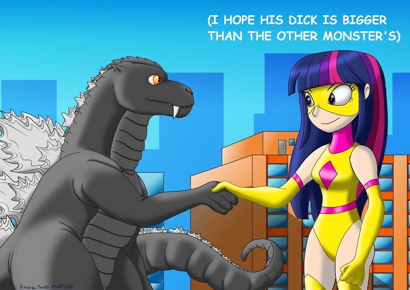 Size: 1024x724 | Tagged: suggestive, artist:ni-idea, derpibooru import, edit, twilight sparkle, human, kaiju, boots, clothes, female, giantess, godzilla, godzilla (series), golden princess, grammar error, handshake, humanized, image, jpeg, macro, magic gaia, shoes, superhero, thigh boots