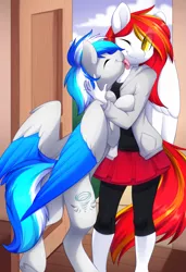 Size: 1869x2737 | Tagged: safe, artist:scarlet-spectrum, derpibooru import, oc, oc:diamond sun, oc:hawker hurricane, anthro, pegasus, pony, series:pet hawk, alternate universe, anthro with ponies, commission, female, hawkmond, image, licking, male, mare, png, stallion, tongue out