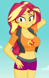 Size: 910x1430 | Tagged: safe, alternate version, derpibooru import, edit, edited screencap, editor:ah96, screencap, sunset shimmer, equestria girls, equestria girls series, forgotten friendship, arm behind head, belly button, big breasts, breast edit, breasts, busty sunset shimmer, cleavage, clothes, cropped, cute, female, image, lidded eyes, midriff, png, shading, shimmerbetes, solo, vest