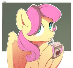 Size: 2535x2384 | Tagged: safe, artist:nookprint, derpibooru import, fluttershy, pegasus, pony, adorascotch, apple juice, appul, bendy straw, butterscotch, cute, drinking, drinking straw, image, juice, juice box, looking at you, male, png, rule 63, rule63betes, shyabetes, solo, stallion