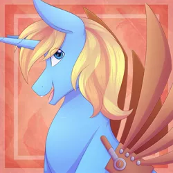 Size: 2048x2048 | Tagged: safe, artist:corwolf, derpibooru import, oc, oc:skydreams, pony, unicorn, abstract background, artificial wings, augmented, bust, female, image, jpeg, mare, mechanical wing, smiling, wings