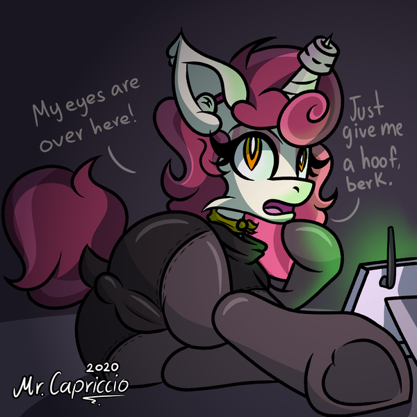 Size: 3000x3000 | Tagged: questionable, artist:mrcapriccio, derpibooru import, oc, oc:dolce spiaro, unofficial characters only, pony, unicorn, breaking the fourth wall, butt, cameltoe, clothes, female, fetish, hacker, hoof fetish, image, looking at you, looking back, looking back at you, mare, plot, png, presenting, raised tail, rear view, solo, spy, suit, tail, talking to viewer, tight clothing, underhoof