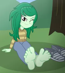 Size: 1104x1238 | Tagged: suggestive, artist:grapefruitface1, derpibooru import, wallflower blush, equestria girls, equestria girls series, barefoot, base used, feet, female, fetish, foot fetish, foot focus, grass, image, looking at you, one eye closed, png, shoes removed, soles, solo, solo female, spreading, tree, wiggling, wiggling toes, wink